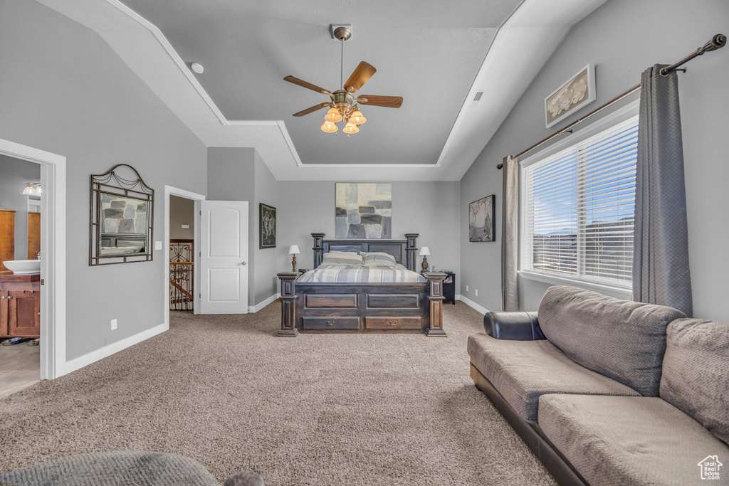 Carpeted bedroom with baseboards, a sink, a ceiling fan, and a tray ceiling