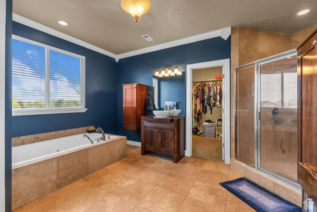 Bathroom with a shower stall, healthy amount of natural light, a bath, vanity, and crown molding
