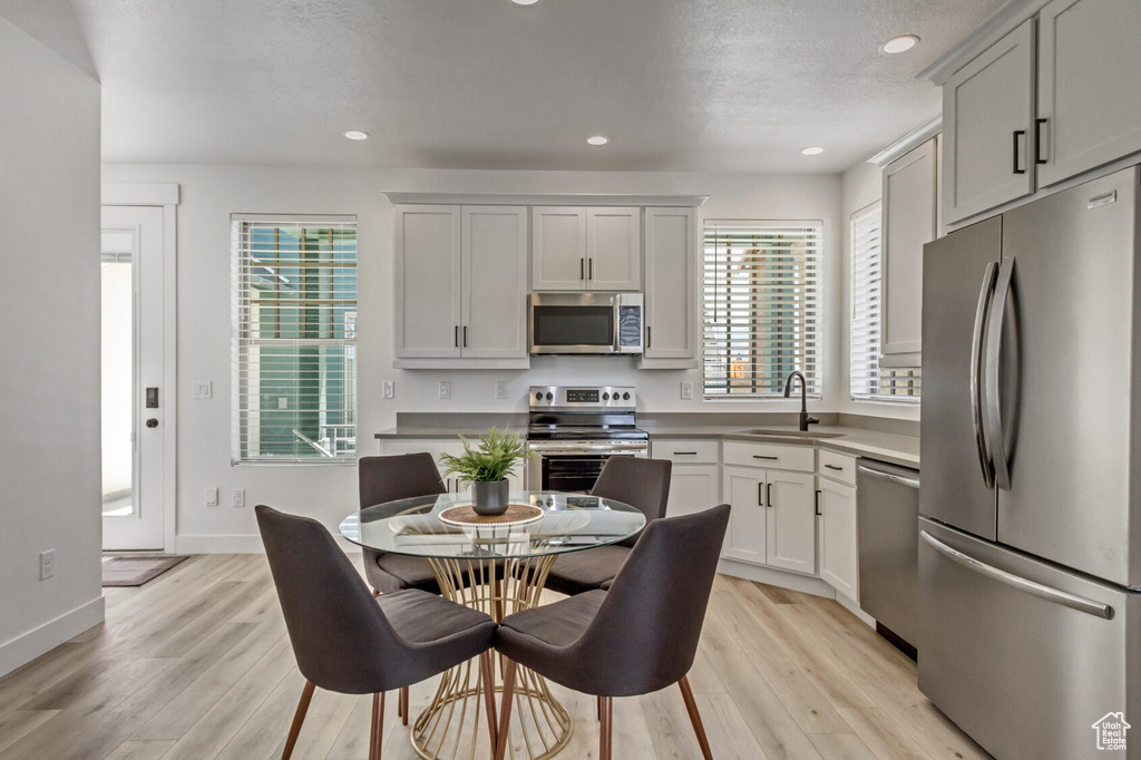 Kitchen with a healthy amount of sunlight, stainless steel appliances, light wood-style floors, and a sink