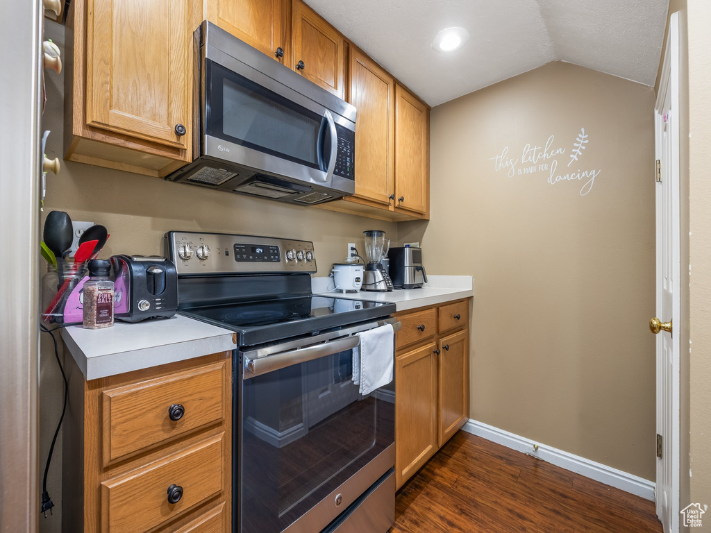 Kitchen with dark wood-style flooring, baseboards, light countertops, vaulted ceiling, and stainless steel appliances