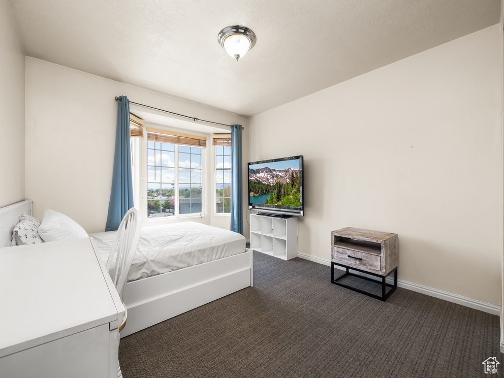 Bedroom with baseboards and dark carpet