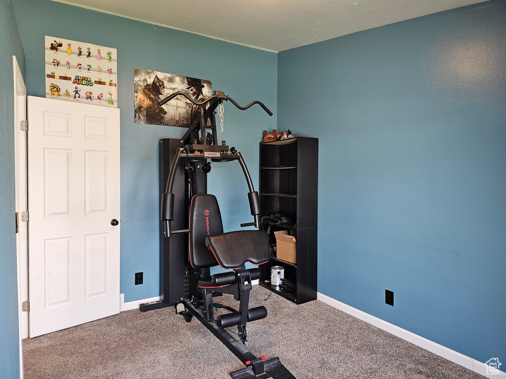 Exercise room with baseboards and carpet floors