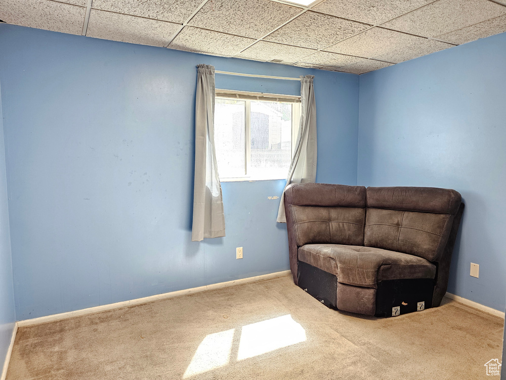 Living area featuring a drop ceiling, carpet flooring, and baseboards