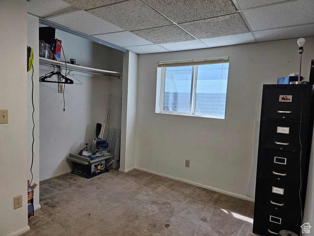 Unfurnished bedroom with baseboards, carpet, and a paneled ceiling