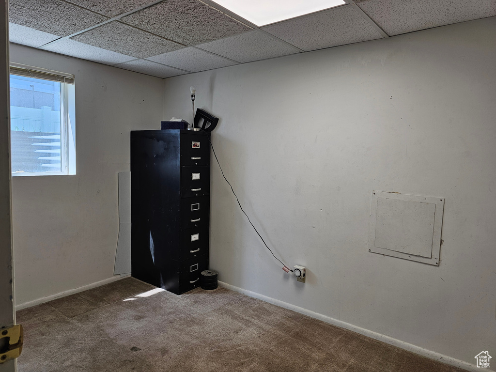 Interior space with baseboards, carpet, and a paneled ceiling