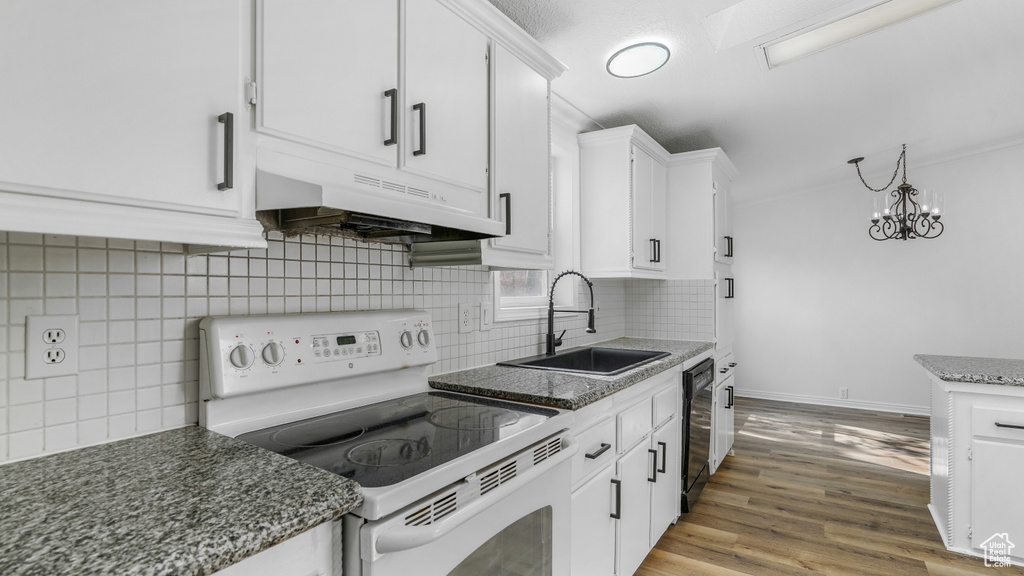 Kitchen featuring white cabinets, under cabinet range hood, electric stove, a sink, and black dishwasher