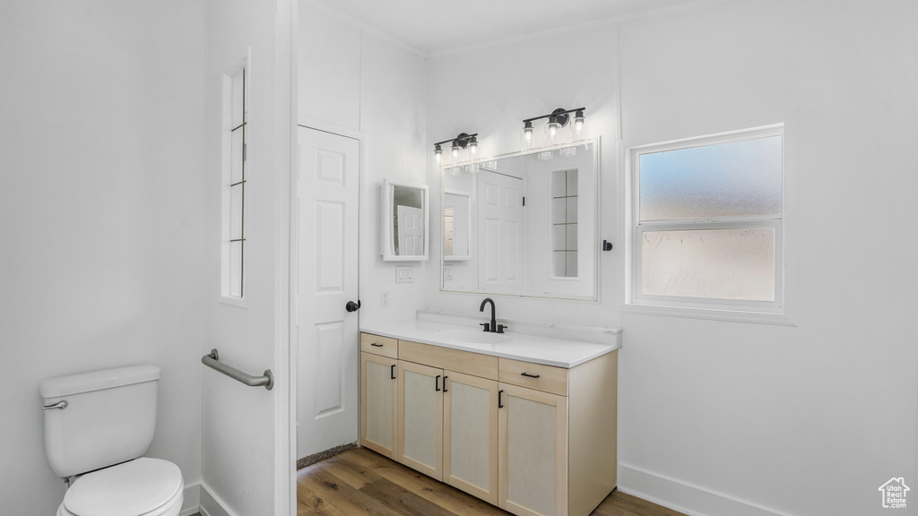 Bathroom featuring toilet, vanity, wood finished floors, and baseboards