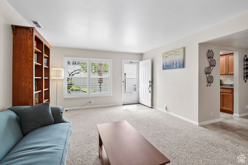 Living room featuring light colored carpet, baseboards, and visible vents