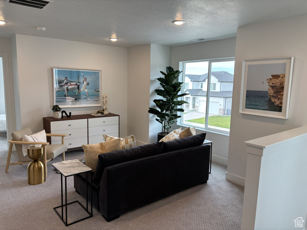 Living room with carpet floors, a textured ceiling, visible vents, and baseboards