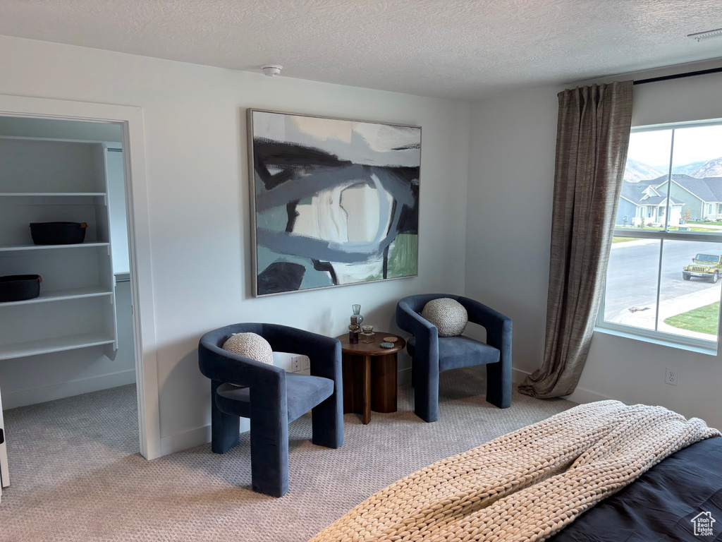 Bedroom with a textured ceiling, visible vents, and carpet