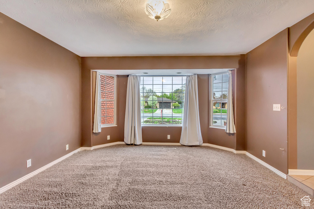 Empty room featuring arched walkways, a textured ceiling, baseboards, and light carpet