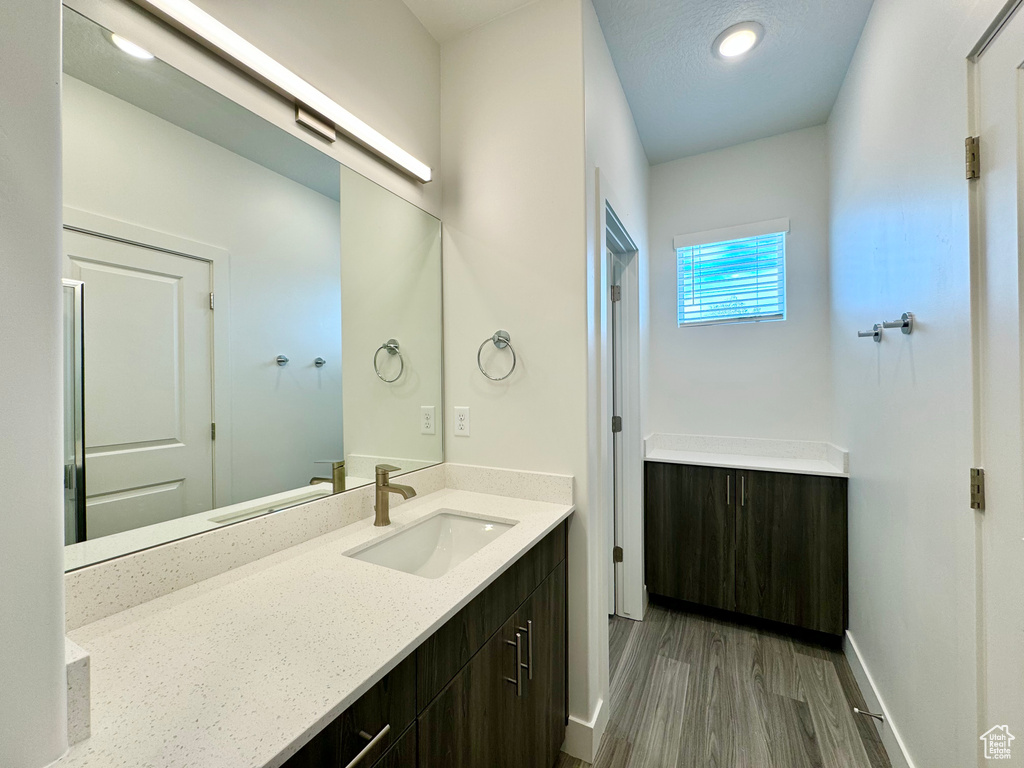 Bathroom featuring baseboards, wood finished floors, and vanity
