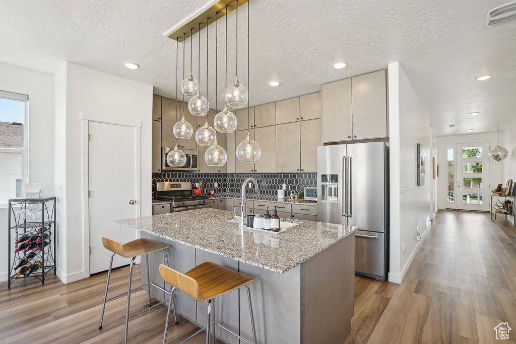 Kitchen with decorative backsplash, light wood-type flooring, light stone counters, a sink, and stainless steel appliances