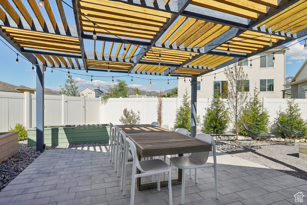 View of patio featuring a fenced backyard and a pergola