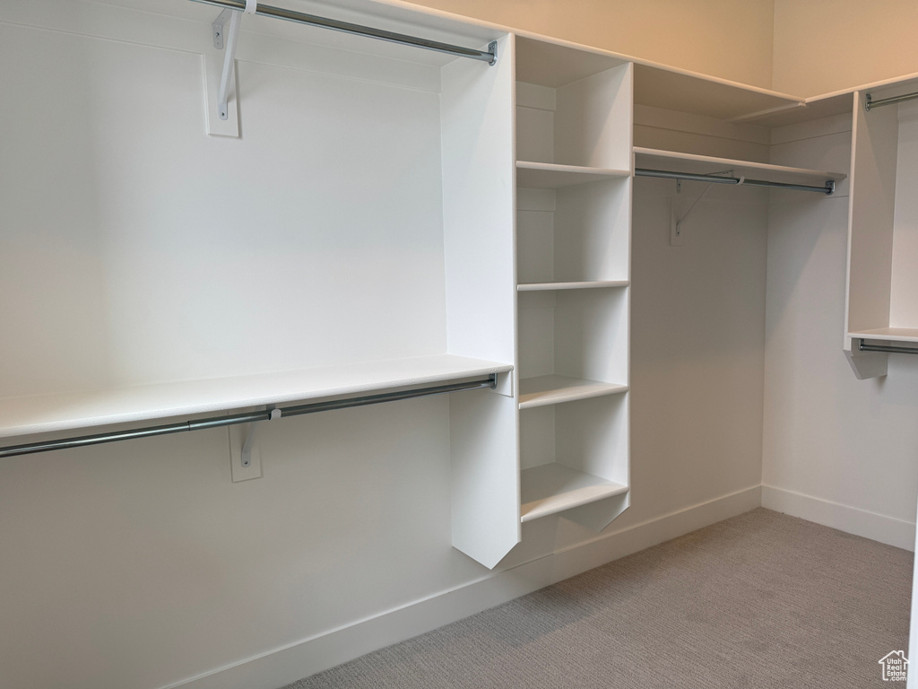 Walk in closet featuring light colored carpet