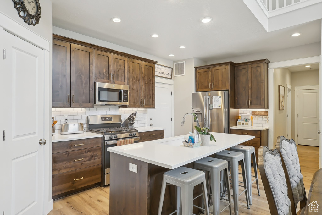 Kitchen with recessed lighting, visible vents, stainless steel appliances, and light wood-style floors
