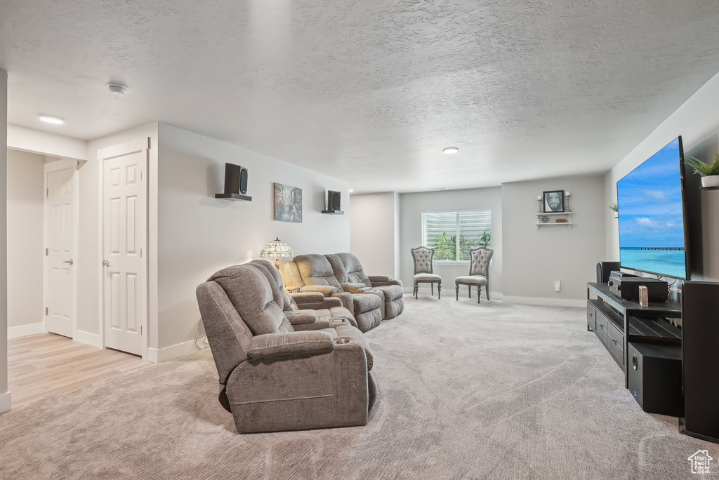 Carpeted living area featuring a textured ceiling and baseboards