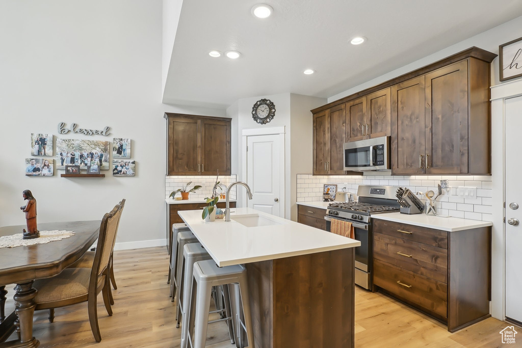 Kitchen featuring a kitchen island with sink, decorative backsplash, stainless steel appliances, light wood-style floors, and a sink
