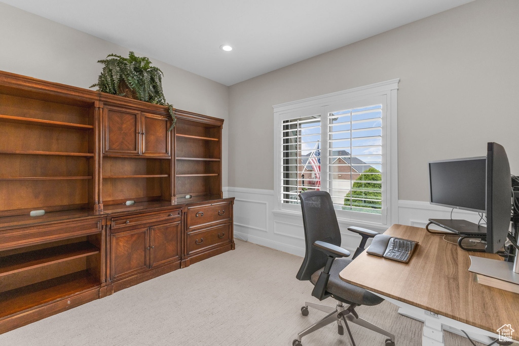 Office area featuring wainscoting, light carpet, and recessed lighting