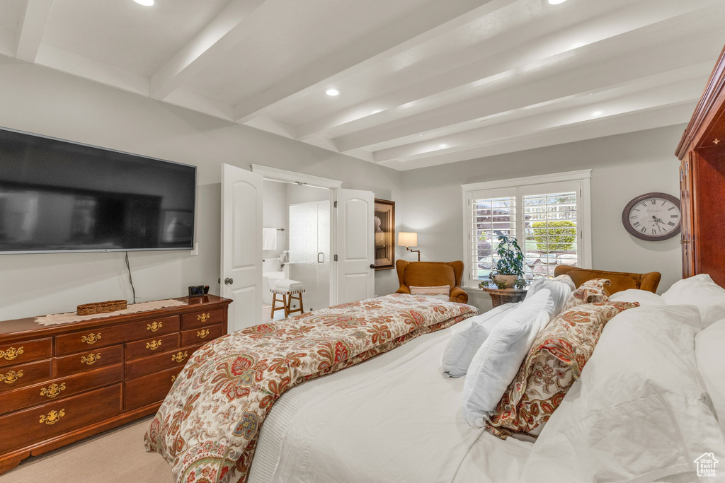 Bedroom featuring beam ceiling, recessed lighting, and light colored carpet