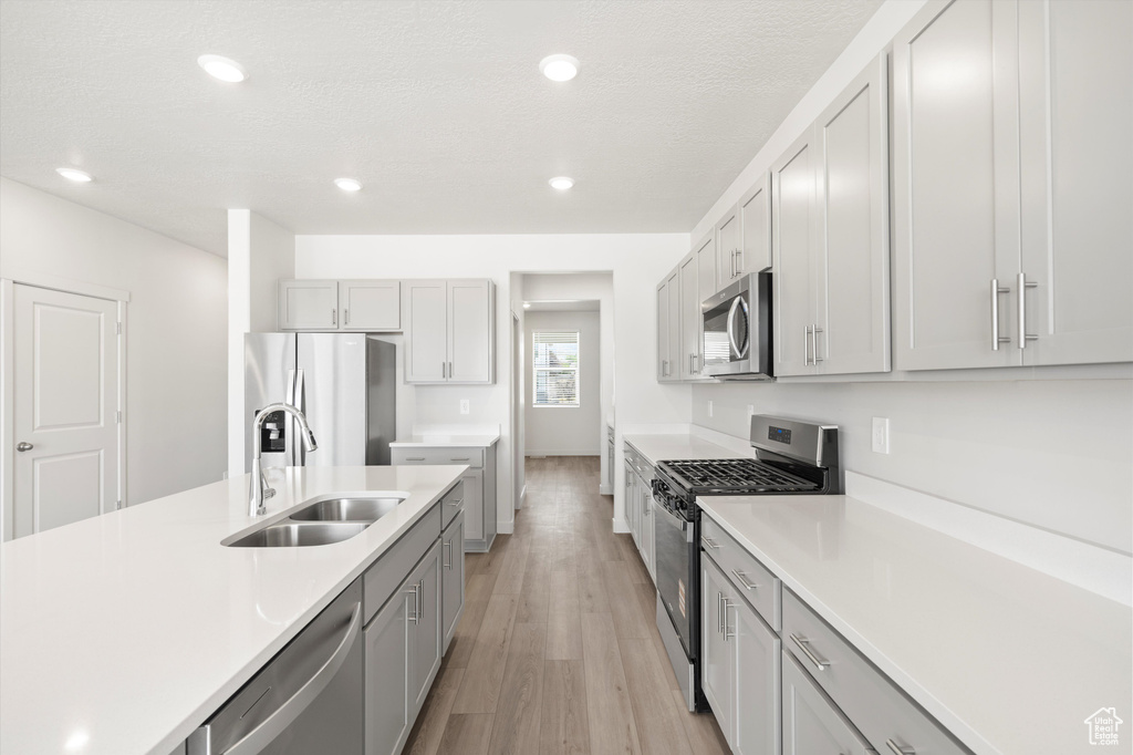 Kitchen with appliances with stainless steel finishes, light countertops, light wood-style floors, gray cabinets, and recessed lighting