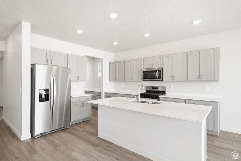 Kitchen with stainless steel appliances, gray cabinetry, light wood-style flooring, light countertops, and recessed lighting