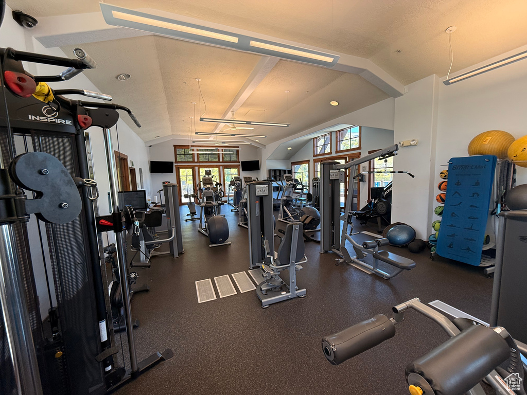 Exercise room with lofted ceiling