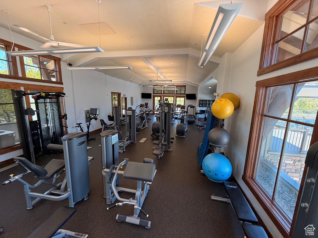 Exercise room with lofted ceiling