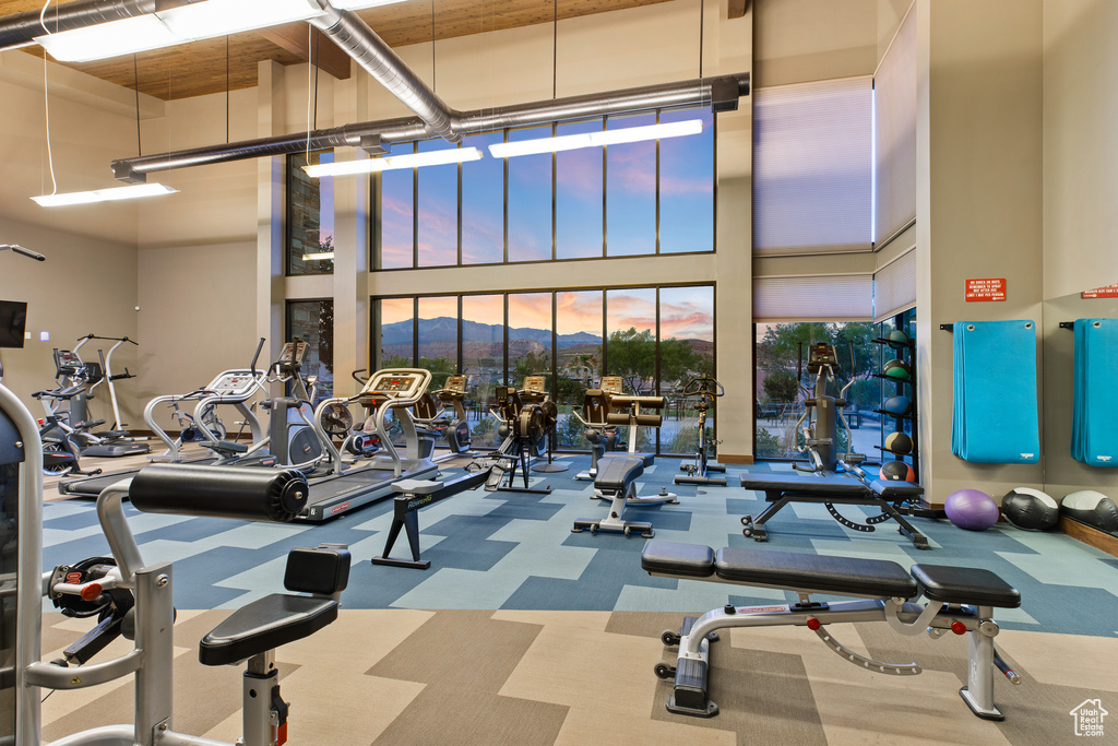 Workout area with a towering ceiling, carpet, and a mountain view