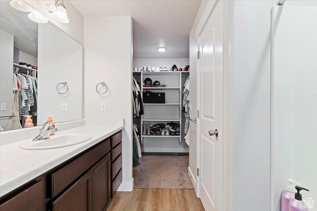 Bathroom featuring wood finished floors, a spacious closet, and vanity