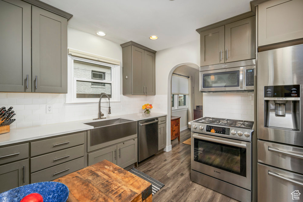Kitchen with stainless steel appliances, gray cabinets, a sink, arched walkways, and dark wood-style flooring