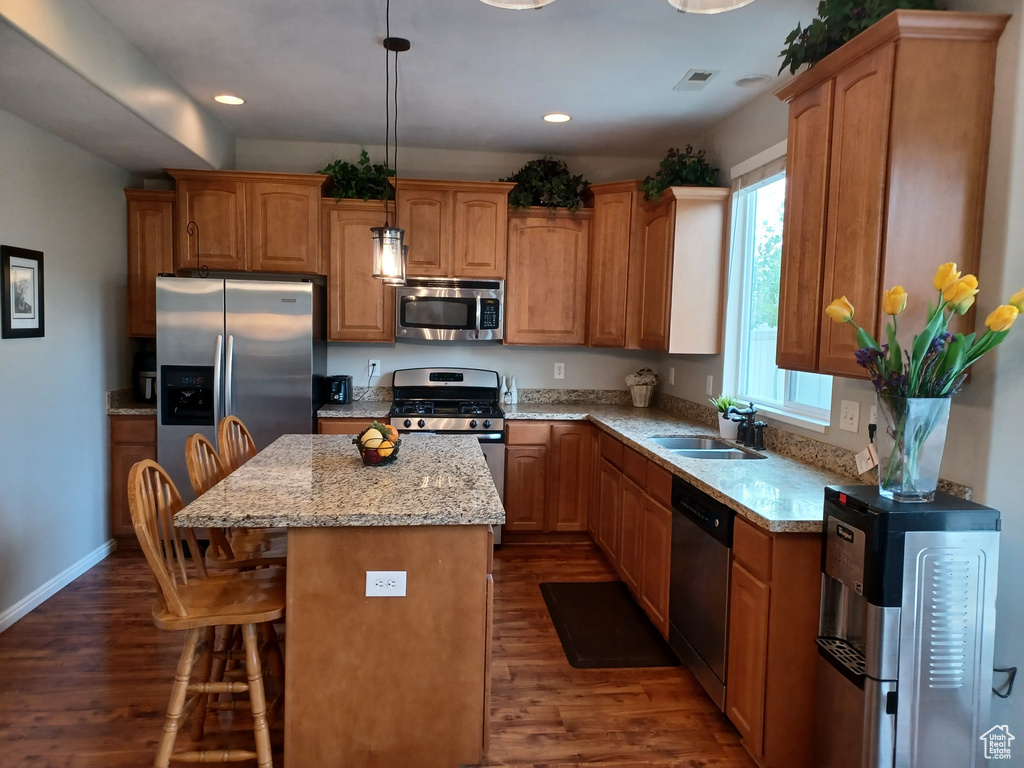 Kitchen featuring a center island, a sink, stainless steel appliances, and dark wood-type flooring