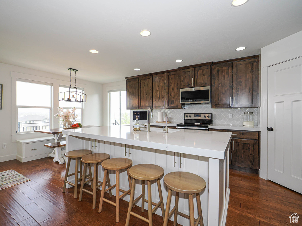 Kitchen with stainless steel appliances, tasteful backsplash, dark brown cabinets, dark wood finished floors, and recessed lighting