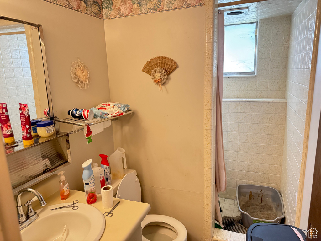 Bathroom featuring toilet, a shower with curtain, and a sink