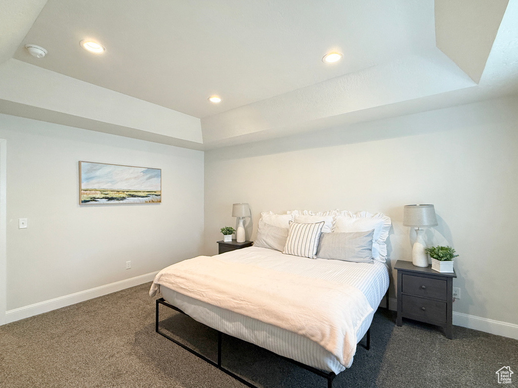 Bedroom featuring baseboards, carpet floors, recessed lighting, and a raised ceiling