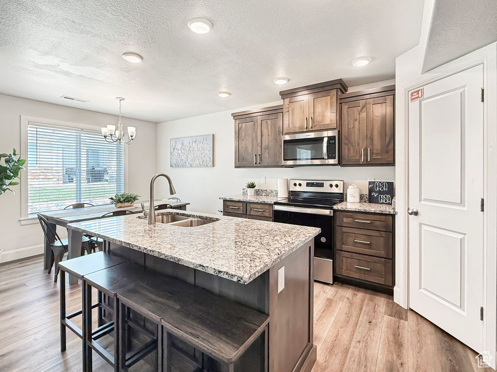 Kitchen with stainless steel appliances, a sink, a center island with sink, light wood-type flooring, and a chandelier