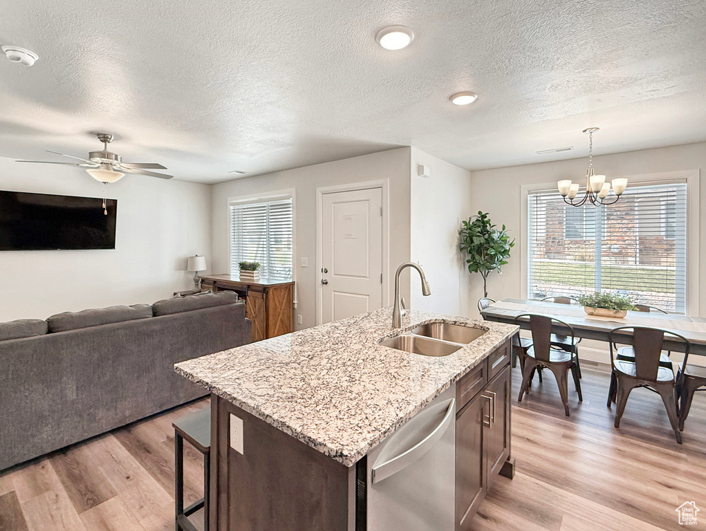 Kitchen featuring light wood-style flooring, a sink, a textured ceiling, a healthy amount of sunlight, and dishwasher