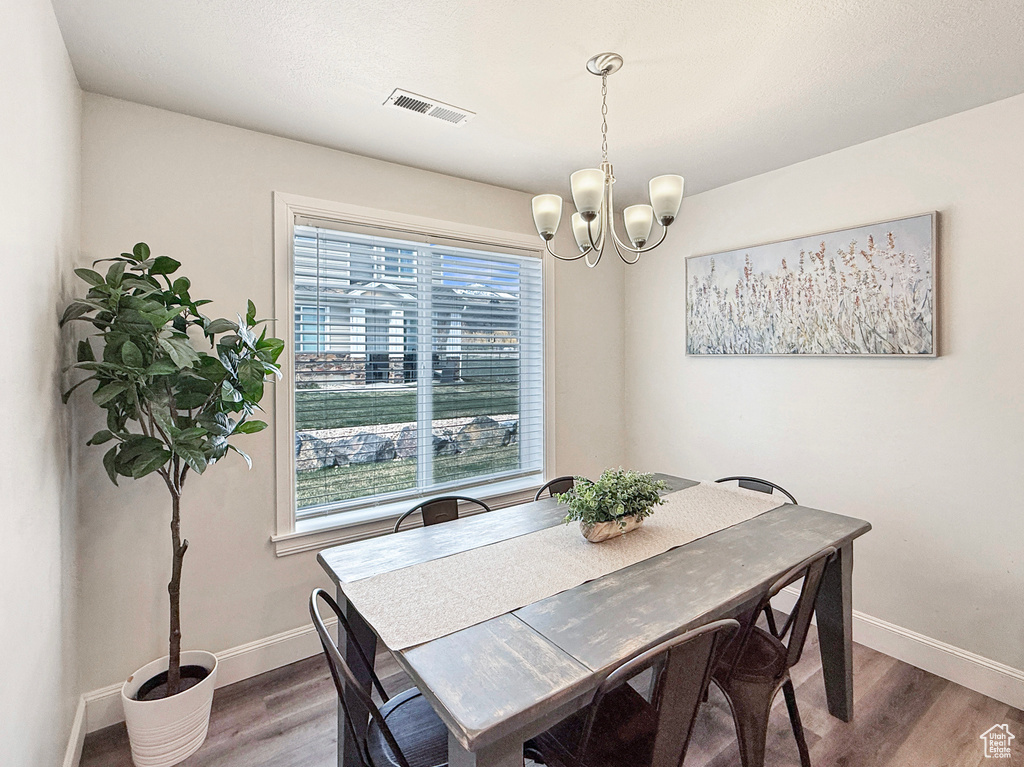 Dining room featuring baseboards, wood finished floors, visible vents, and a wealth of natural light