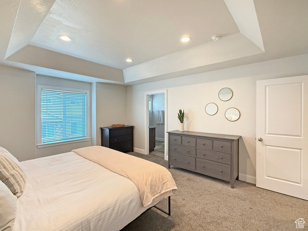 Bedroom featuring baseboards, carpet flooring, recessed lighting, and a tray ceiling