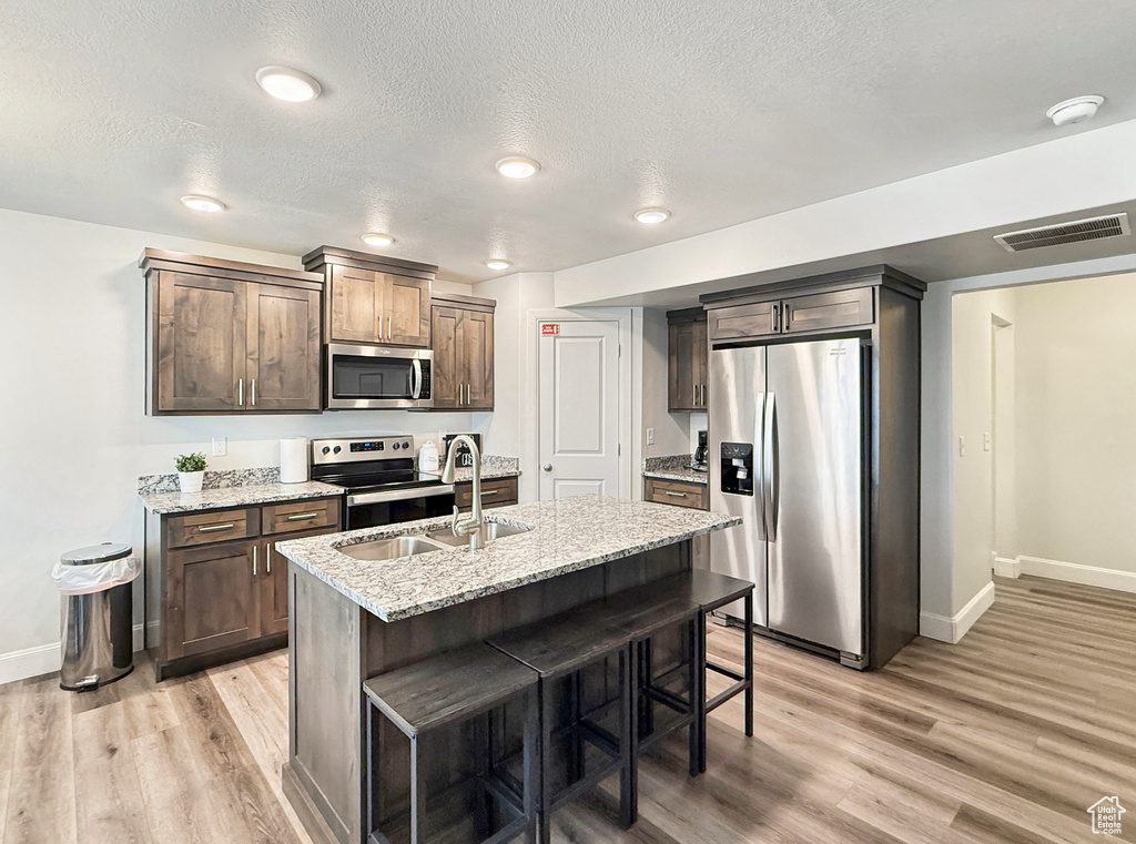 Kitchen with a sink, baseboards, visible vents, light wood-style floors, and appliances with stainless steel finishes
