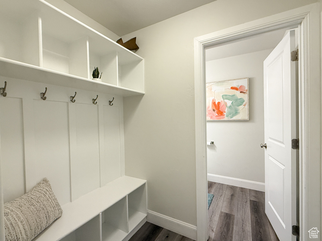 Mudroom featuring baseboards and dark wood-type flooring