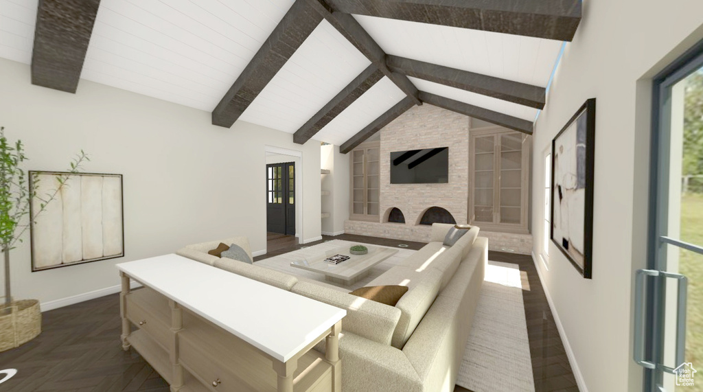 Living area with baseboards, a fireplace, and vaulted ceiling with beams