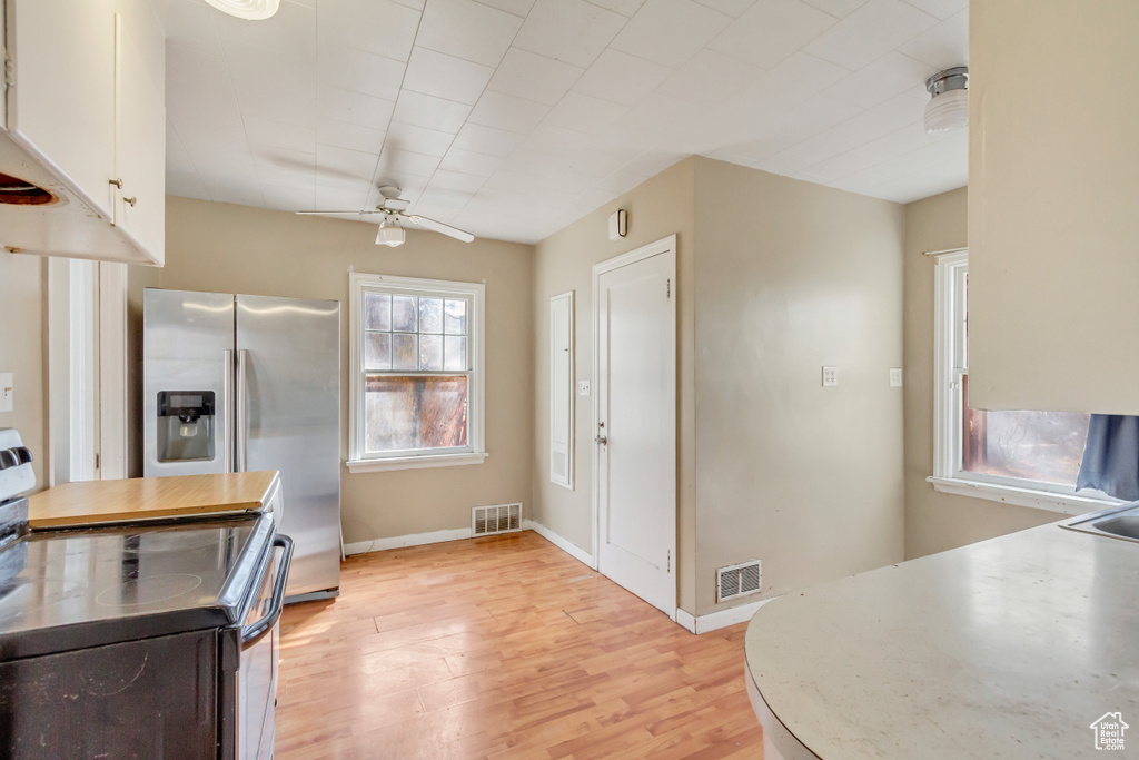 Kitchen with range with electric stovetop, light wood finished floors, a ceiling fan, and visible vents