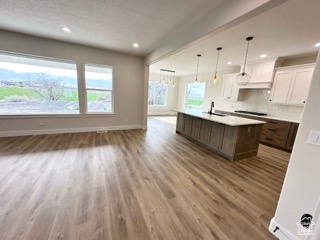 Kitchen featuring recessed lighting, open floor plan, a wealth of natural light, and wood finished floors