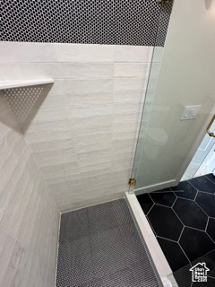 Bathroom featuring tile patterned flooring and a shower stall