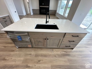 Kitchen featuring open floor plan, light wood-style flooring, and a sink
