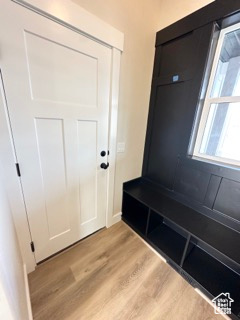 Mudroom with light wood-style flooring