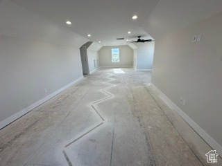 Bonus room featuring ceiling fan, recessed lighting, vaulted ceiling, and baseboards