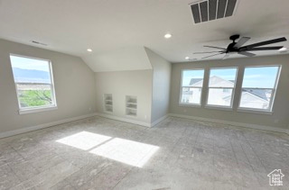 Bonus room with recessed lighting, visible vents, lofted ceiling, and baseboards