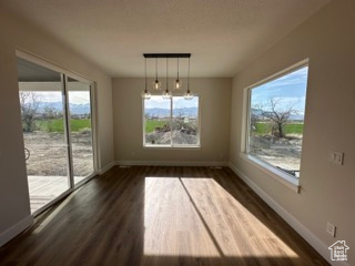 Unfurnished dining area featuring a wealth of natural light, dark wood-style floors, and baseboards